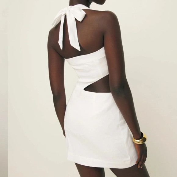 NWT Reformation Valli White Linen Cut Out Halter Mini Dress Bride Bridal - Picture 6 of 10